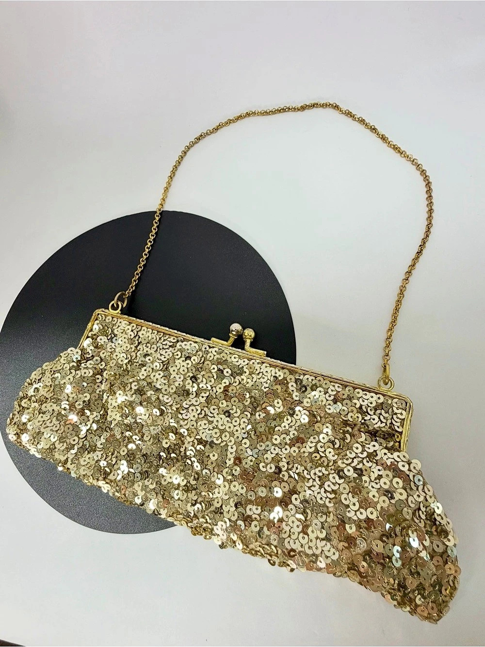 Cami Gold Sequin Evening Clutch Bag Kiss Lock Wedding Party Shoulder Purse